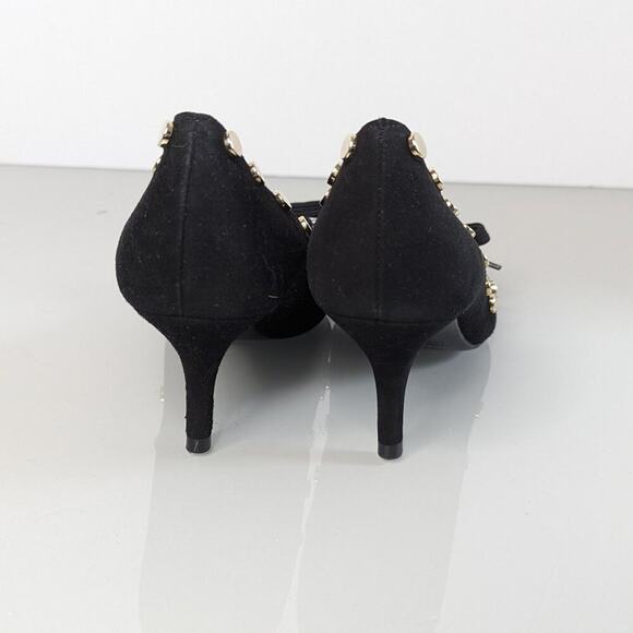 Anthropologie Hoss Intropia Black Pointed Toe Heels Gold Studs Cut Out Bows 37 - Picture 3 of 10